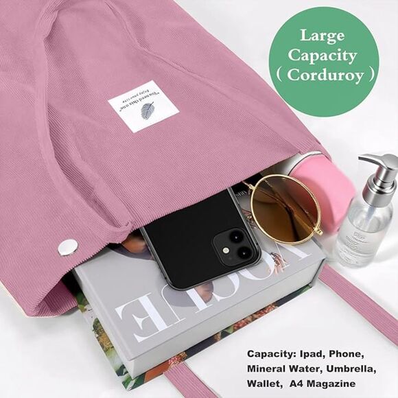 Women Pink Imported Corduroy Small Canvas Shoulder Handy Tote Bag - Picture 2 of 4